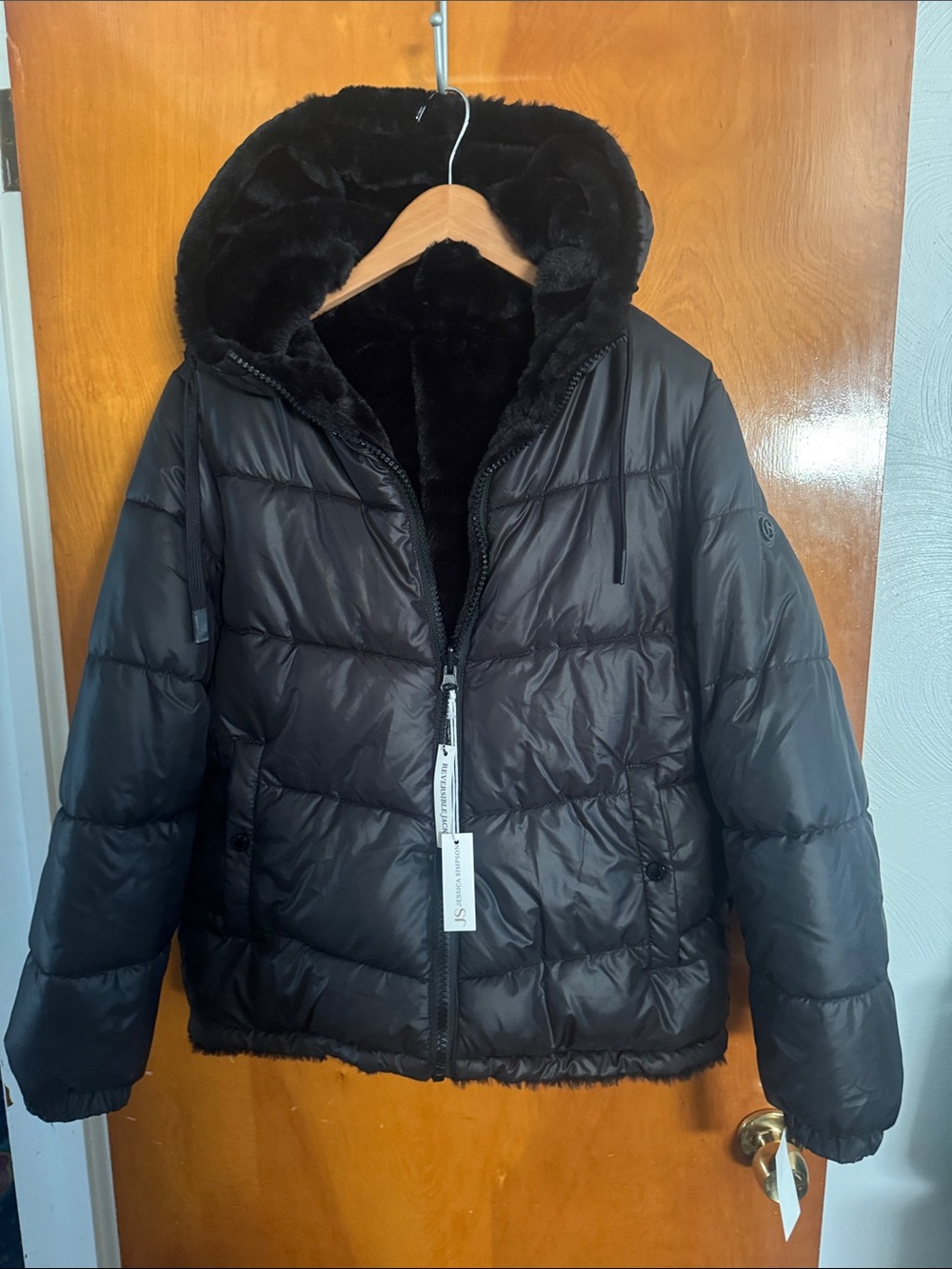 Black Puffer Jacket Womens Medium Jessica Simpson Faux Fur